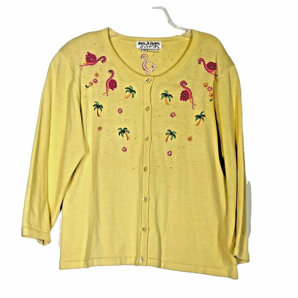 Vintage Jack B Quick Cardigan Womens XL Yellow Beaded Flamingo Sweater Vacation